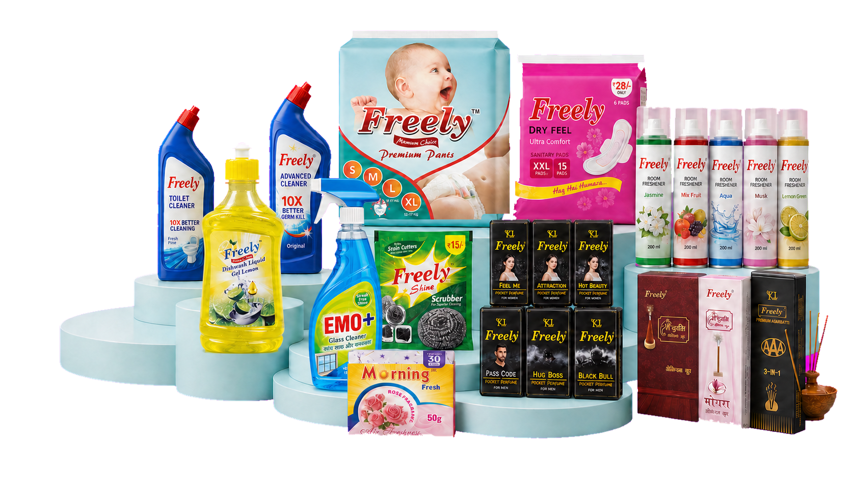 Freely catalogue product lineup across household care, hygiene, fragrance, baby care, and cleaning ranges